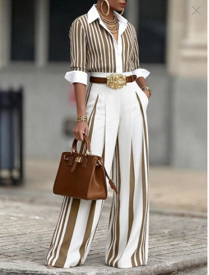 📢📢50% OFF !! ⏰Women's Striped Shirt & Wide-Leg Pants 2-Piece Set
