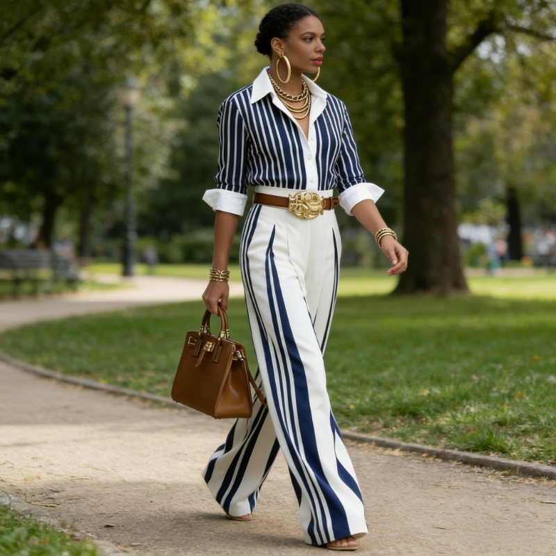 📢📢50% OFF !! ⏰Women's Striped Shirt & Wide-Leg Pants 2-Piece Set