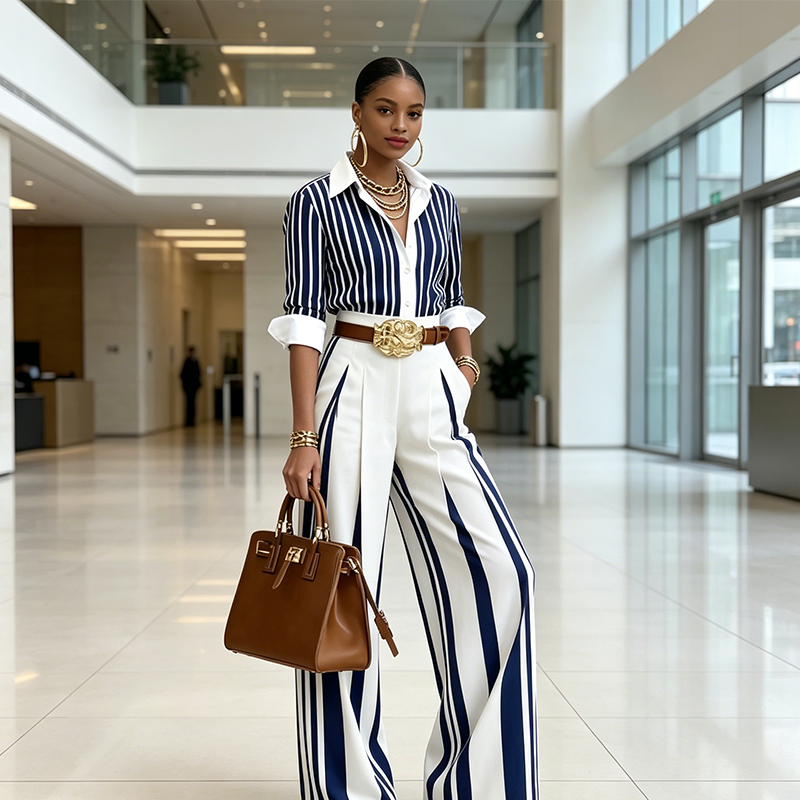 📢📢50% OFF !! ⏰Women's Striped Shirt & Wide-Leg Pants 2-Piece Set