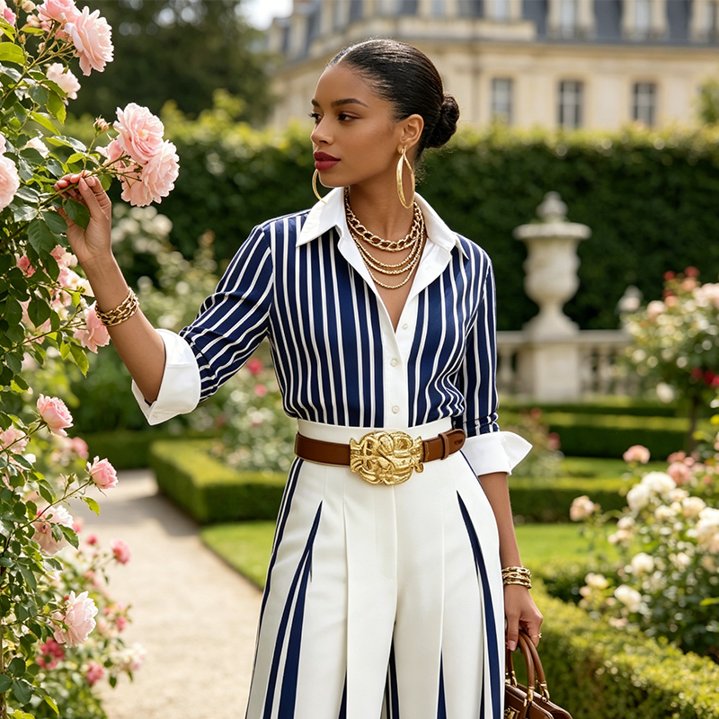 📢📢50% OFF !! ⏰Women's Striped Shirt & Wide-Leg Pants 2-Piece Set