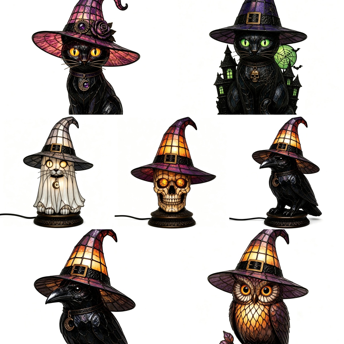 🐈 Gothic Stained Glass Witch Black Cat Table Lamp | Halloween Witch Hat Night Light Decor