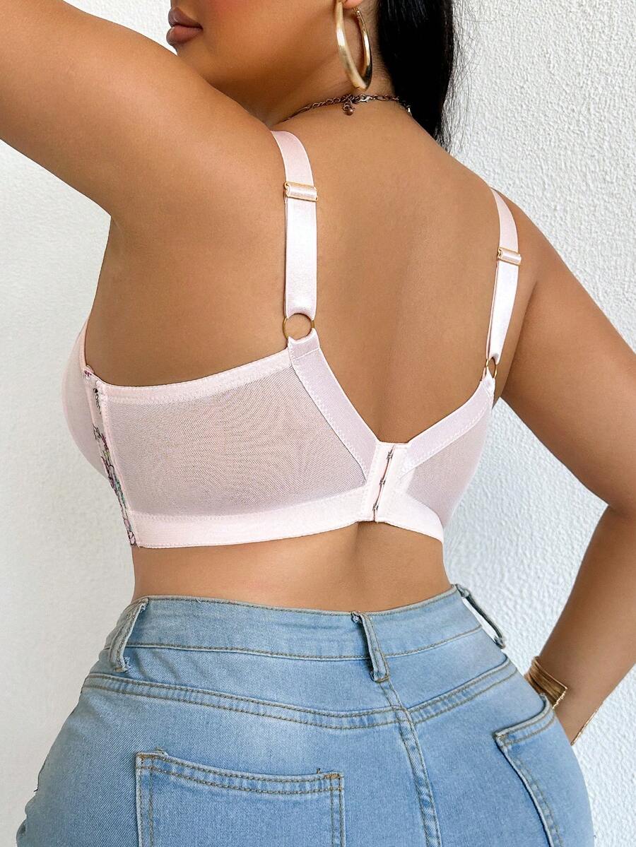 DesireSculpt Plus Size Women Romantic Floral Embroidered Mesh Underwire Bra