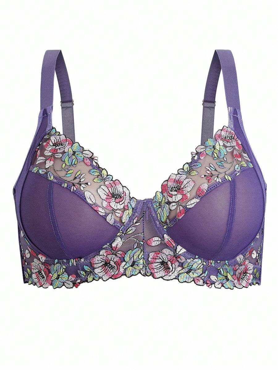 DesireSculpt Plus Size Women Romantic Floral Embroidered Mesh Underwire Bra