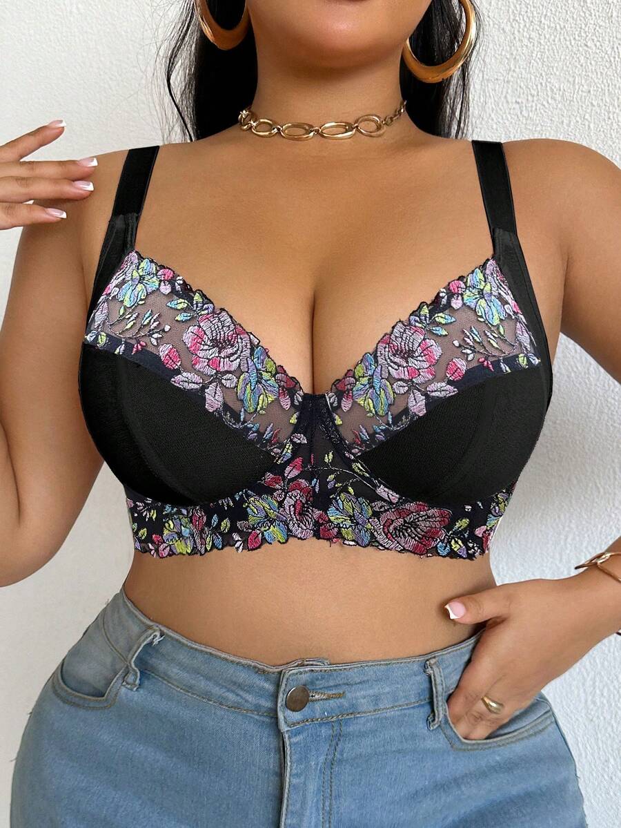 DesireSculpt Plus Size Women Romantic Floral Embroidered Mesh Underwire Bra