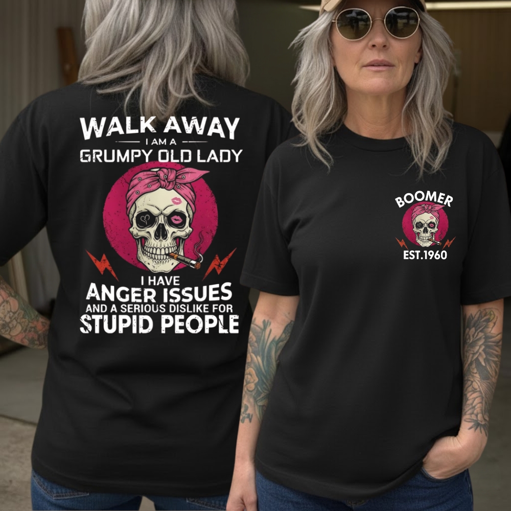 Walk Away I'm A Grumpy Old Lady Custom Year Of Birth Women's V-neck long sleeve, V-neck, Sweatshirt, Hoodie