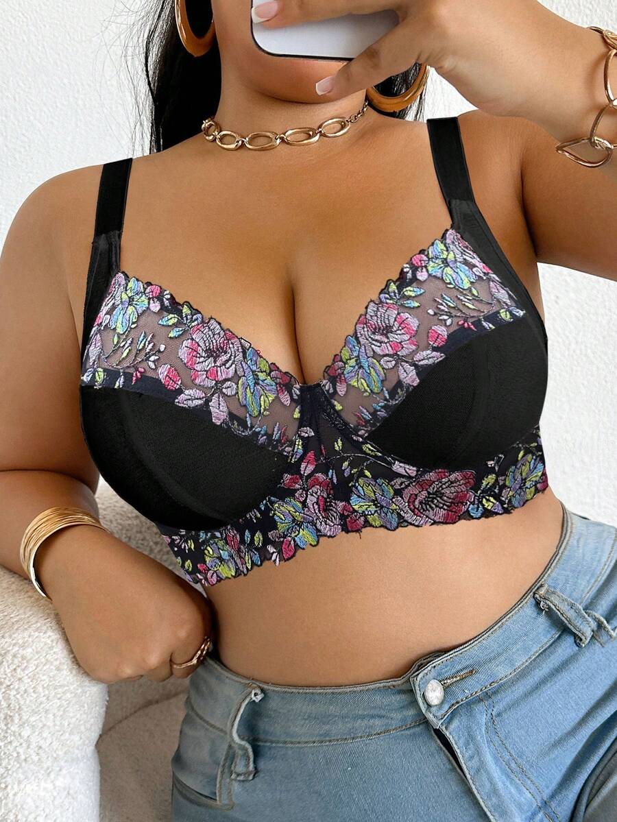 DesireSculpt Plus Size Women Romantic Floral Embroidered Mesh Underwire Bra