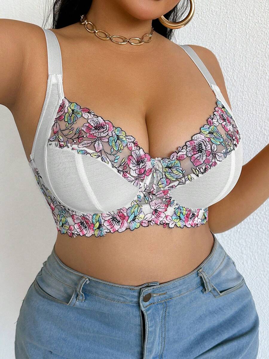 DesireSculpt Plus Size Women Romantic Floral Embroidered Mesh Underwire Bra