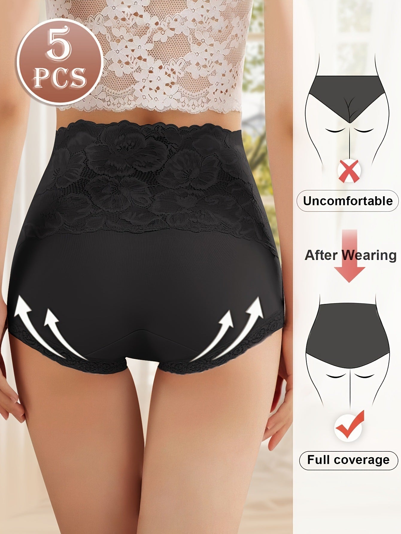 Comfy Everyday High-Waist Panties with Lace Trim, 5-Pack