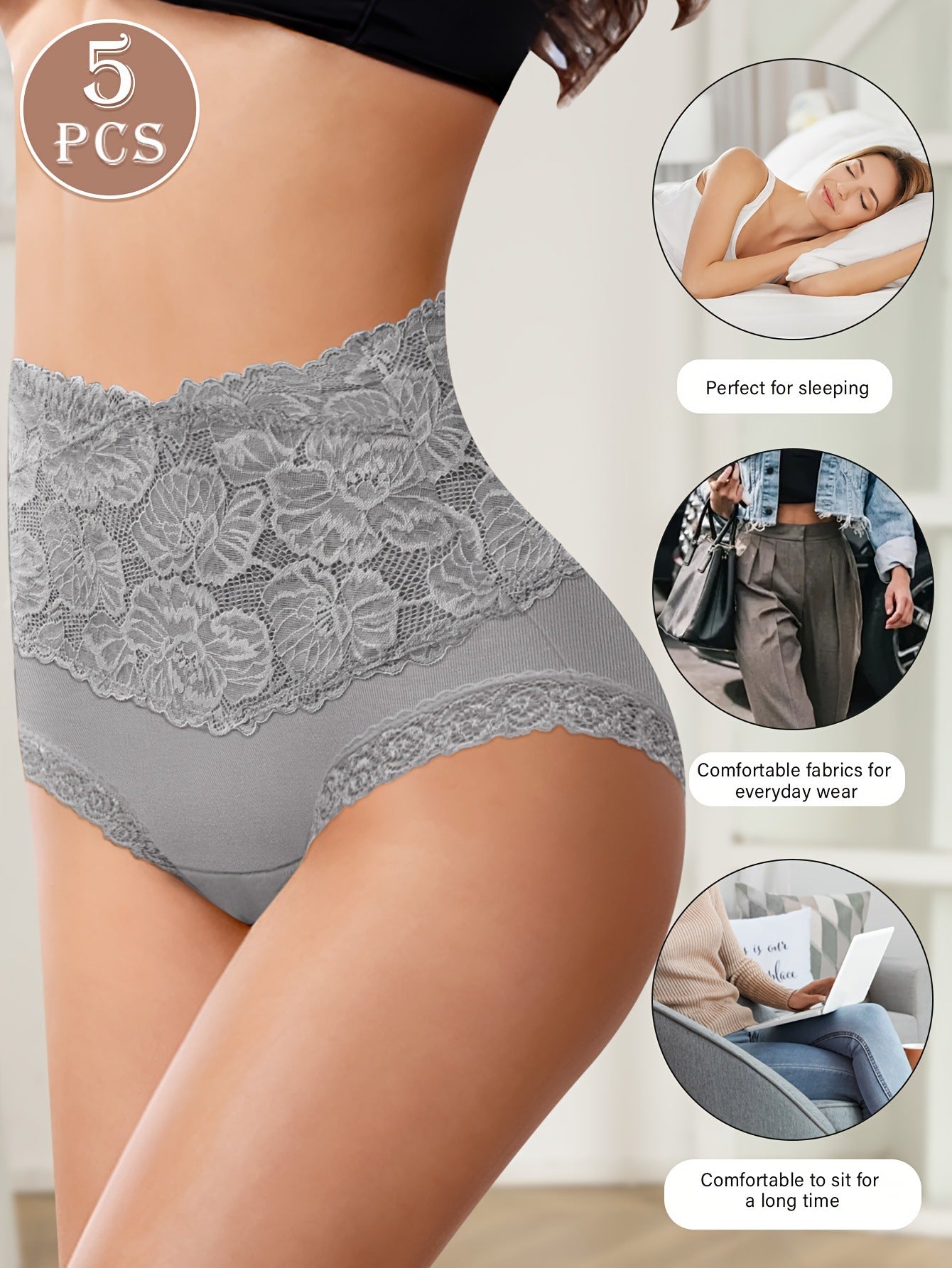 Comfy Everyday High-Waist Panties with Lace Trim, 5-Pack