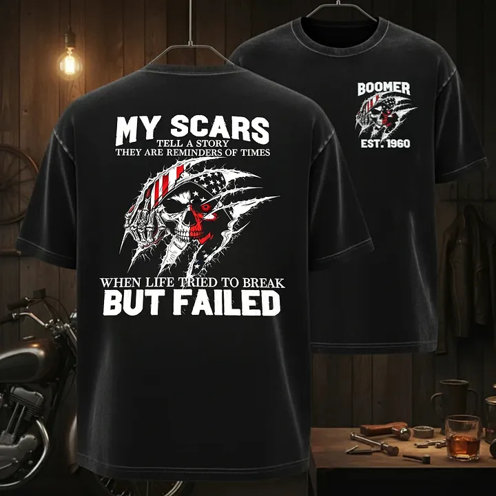 Custom Boomer EST.Year & My Scars Tell A Story Double-Sided Patriotic Skull T-Shirt