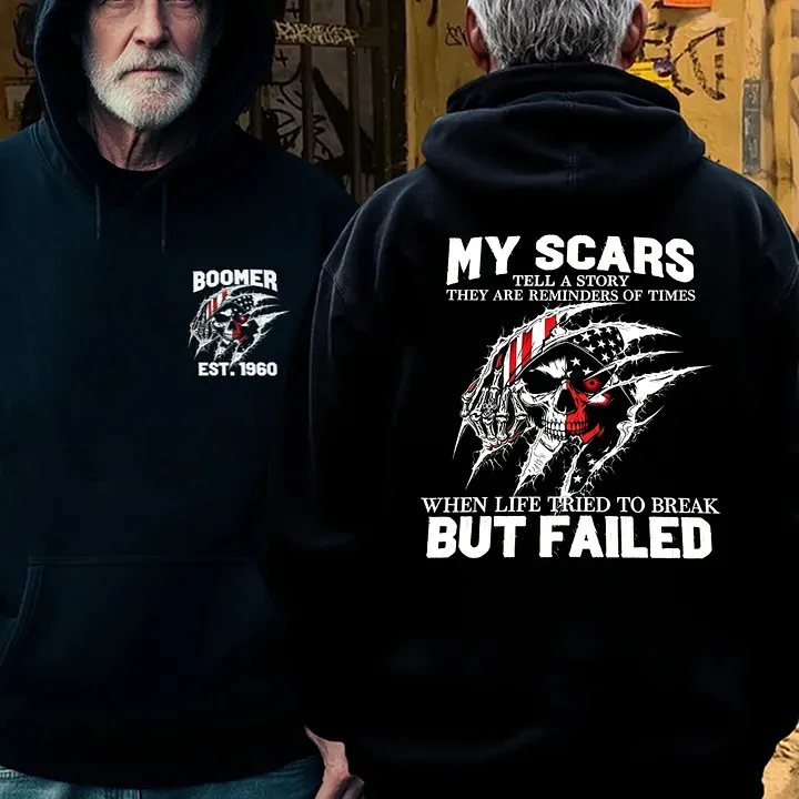 Custom Boomer EST.Year & My Scars Tell A Story Double-Sided Patriotic Skull T-Shirt