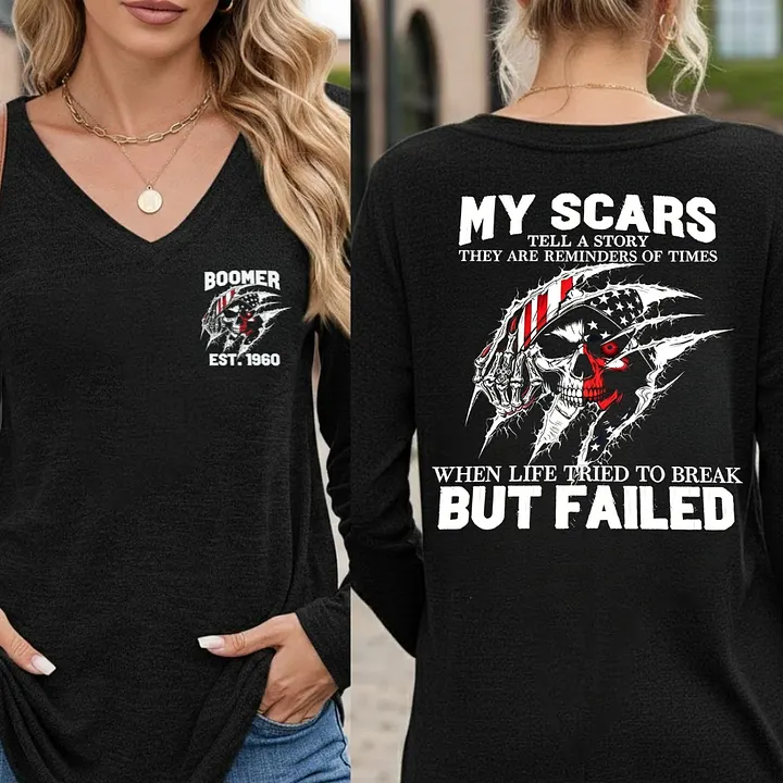 Custom Boomer EST.Year & My Scars Tell A Story Double-Sided Patriotic Skull T-Shirt