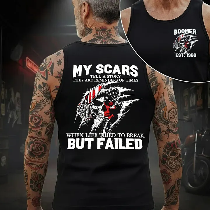 Custom Boomer EST.Year & My Scars Tell A Story Double-Sided Patriotic Skull T-Shirt