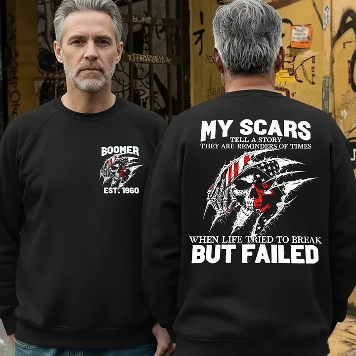 Custom Boomer EST.Year & My Scars Tell A Story Double-Sided Patriotic Skull T-Shirt