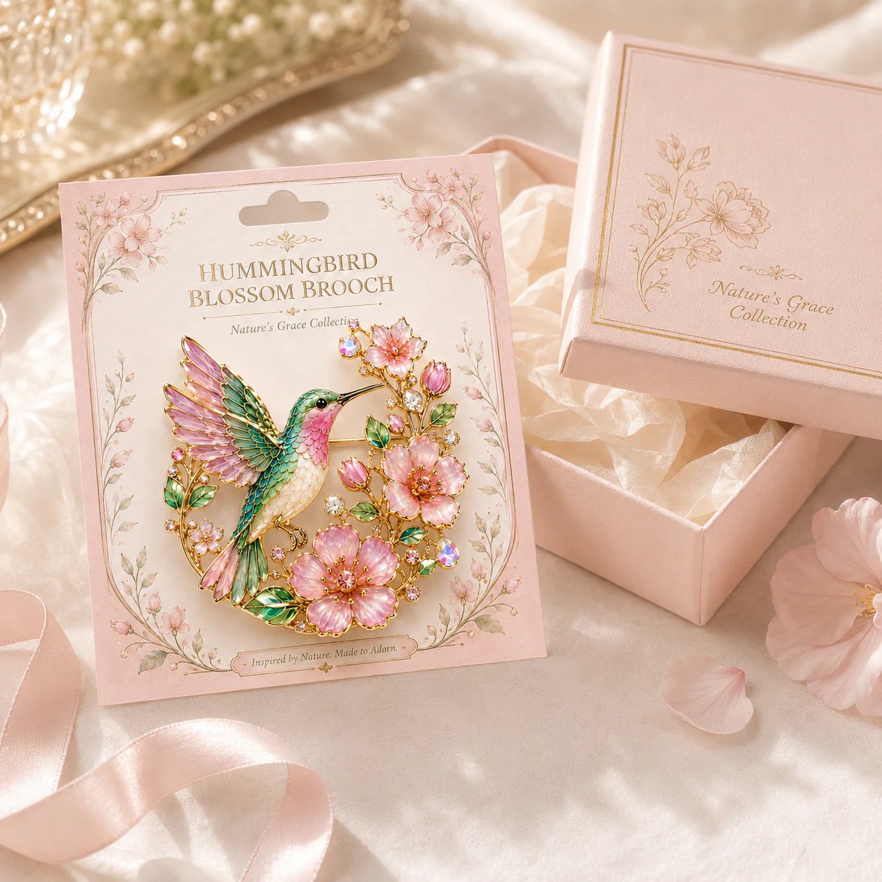 Hummingbird Blossom Brooch – Elegant Floral Bird Pin Jewelry Gift for Women