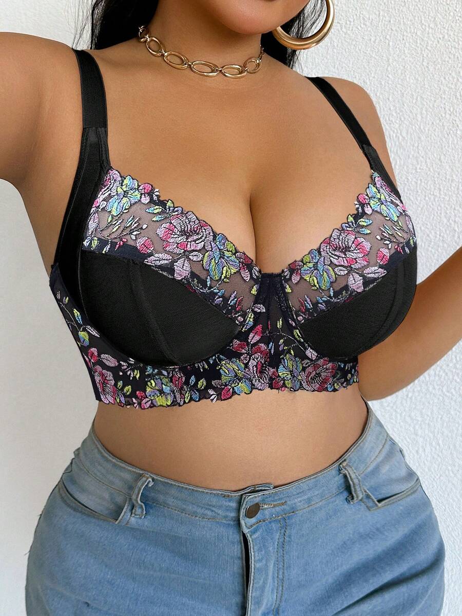 DesireSculpt Plus Size Women Romantic Floral Embroidered Mesh Underwire Bra