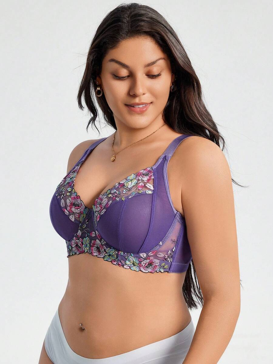 DesireSculpt Plus Size Women Romantic Floral Embroidered Mesh Underwire Bra