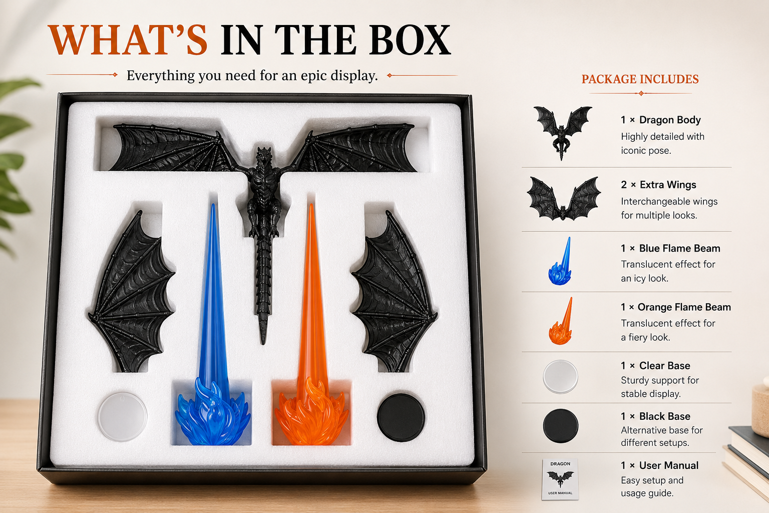 Dragon display set package contents with dragon body, flame pieces, bases, and setup components