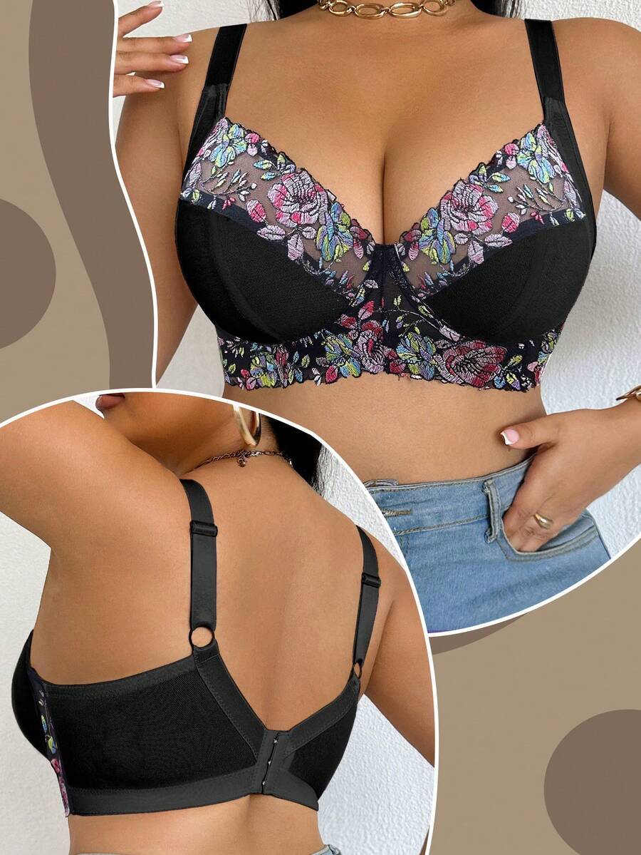 DesireSculpt Plus Size Women Romantic Floral Embroidered Mesh Underwire Bra