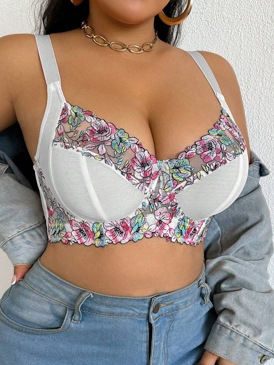 DesireSculpt Plus Size Women Romantic Floral Embroidered Mesh Underwire Bra