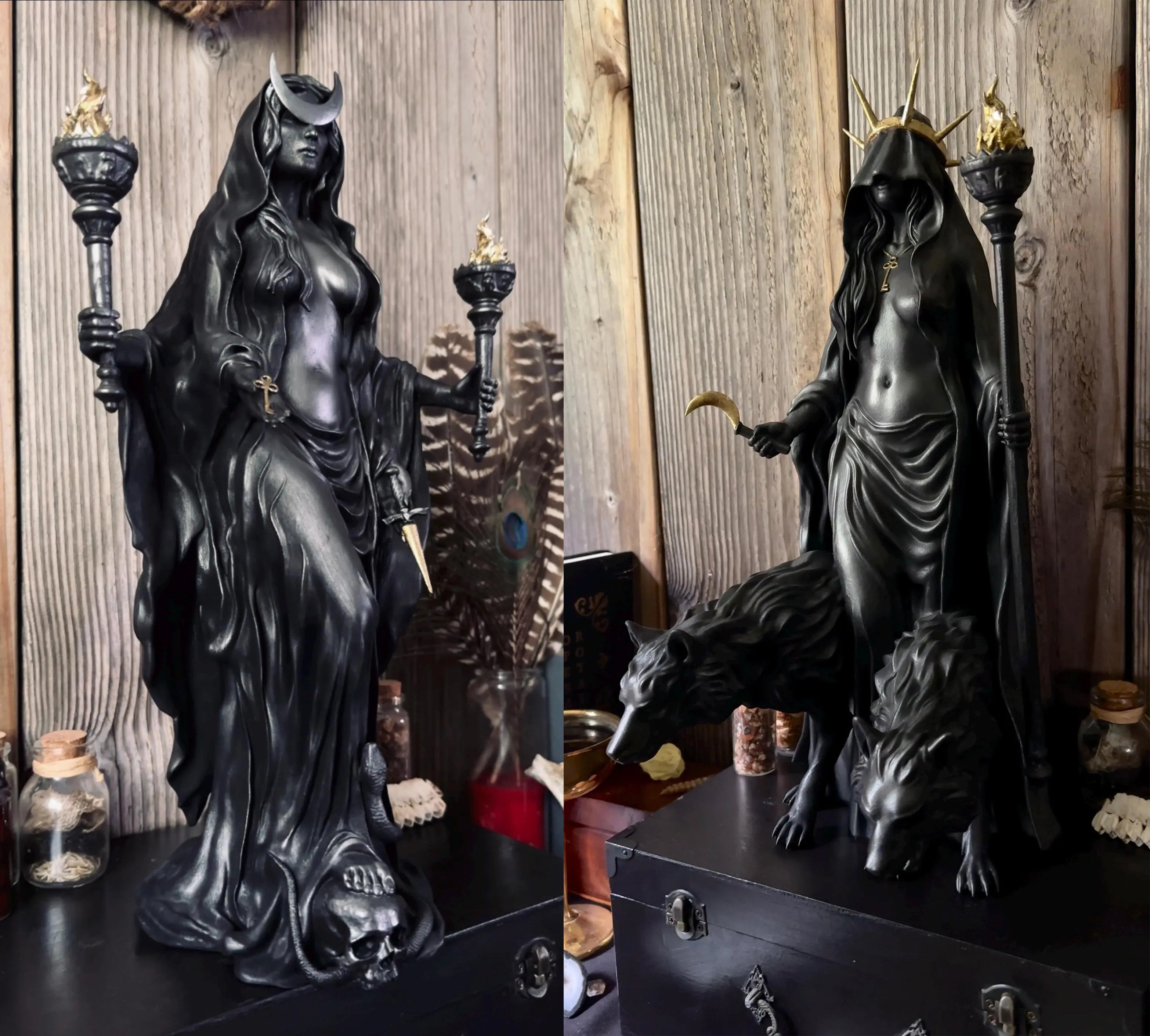 Hecate statue for altar bookshelf and gothic home decor