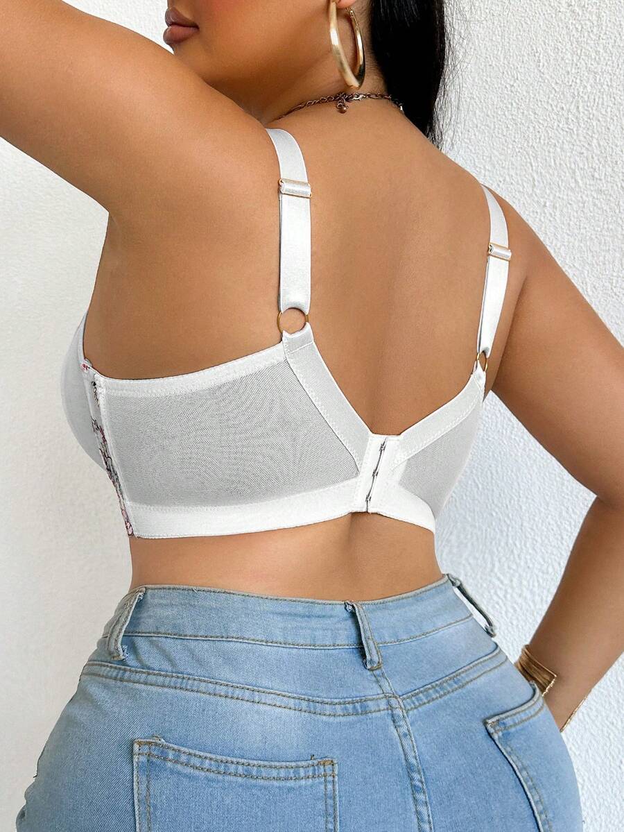 DesireSculpt Plus Size Women Romantic Floral Embroidered Mesh Underwire Bra