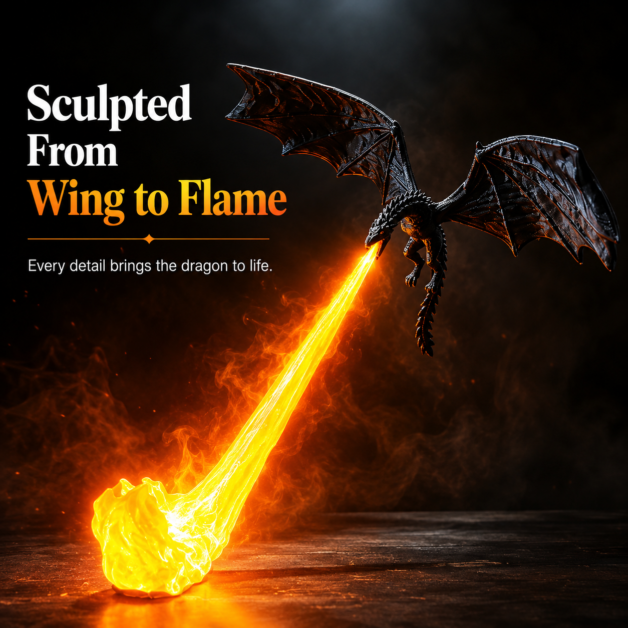 Detailed dragon sculpture with glowing orange flame beam