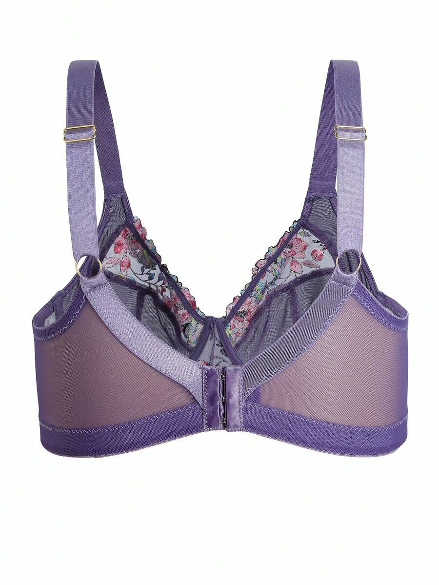 DesireSculpt Plus Size Women Romantic Floral Embroidered Mesh Underwire Bra