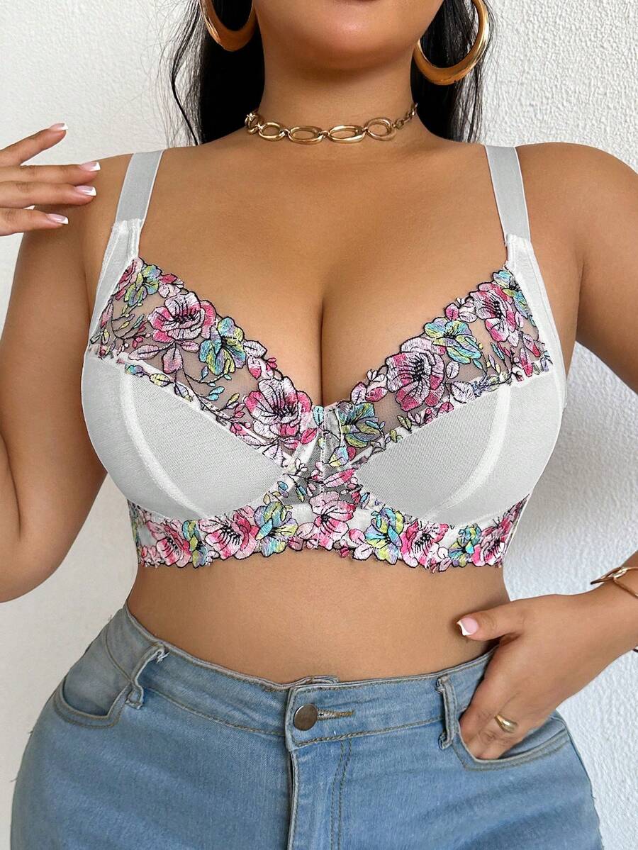 DesireSculpt Plus Size Women Romantic Floral Embroidered Mesh Underwire Bra