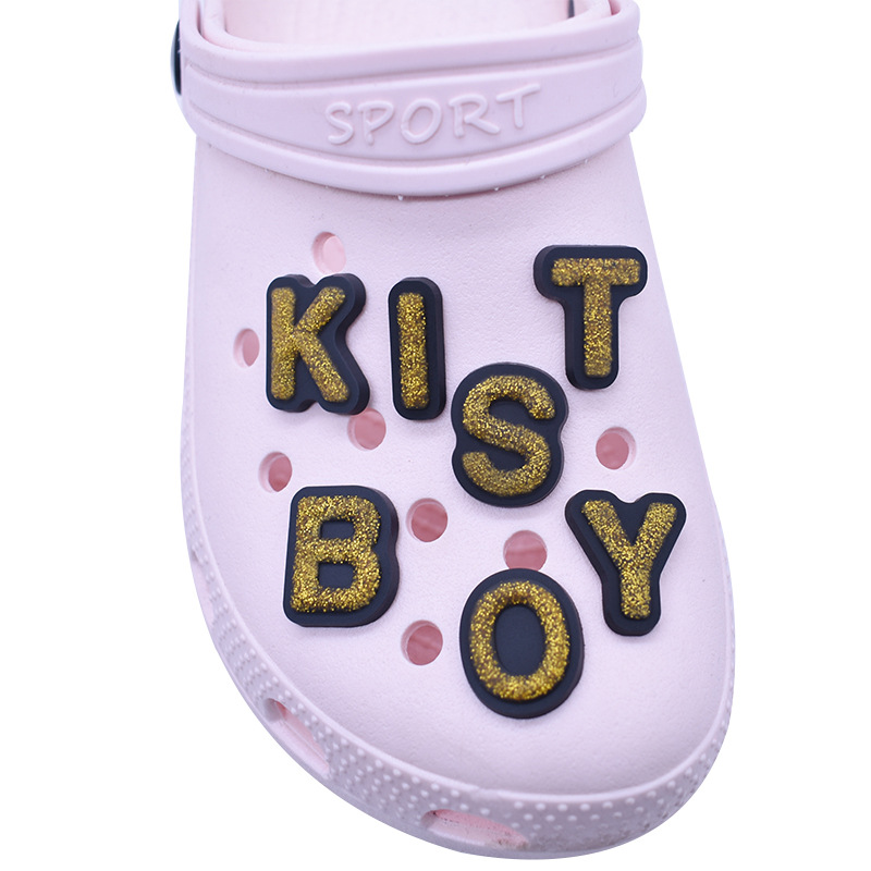 Cartoon Gold Powder Letter Custom Shoelace Charm – PVC Soft Hole Shoe/Wrist Strap Decor