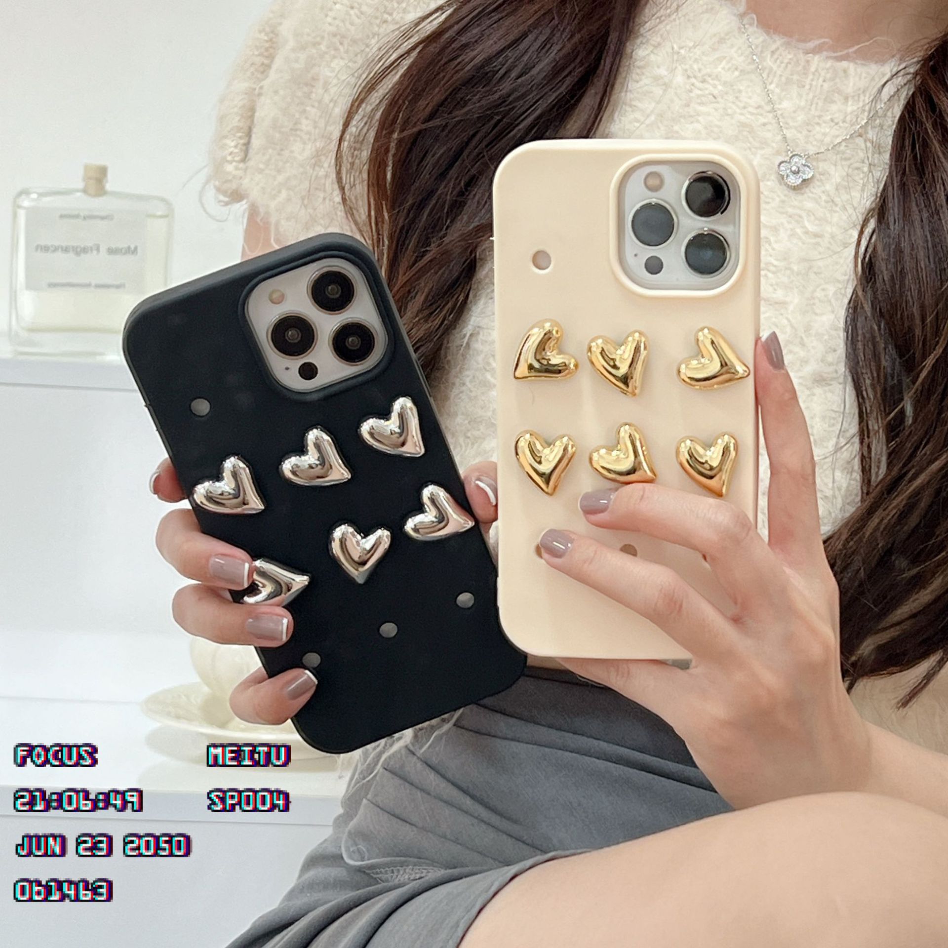 Charmed Phone Cases With Creative Chrome Heart Phone Charms – Fits iPhone12/13/14 Pro Max