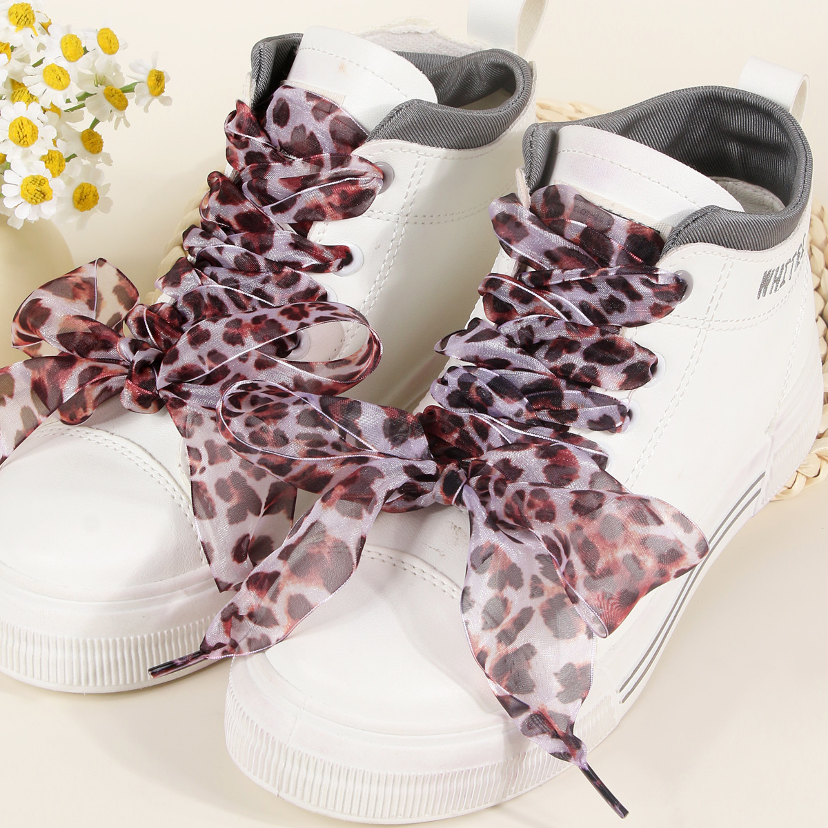 Snow Yarn Leopard Shoelaces, 2.5Cm-4Cm Widened Shoelaces, Silk Yarn Lace Flat Shoelaces