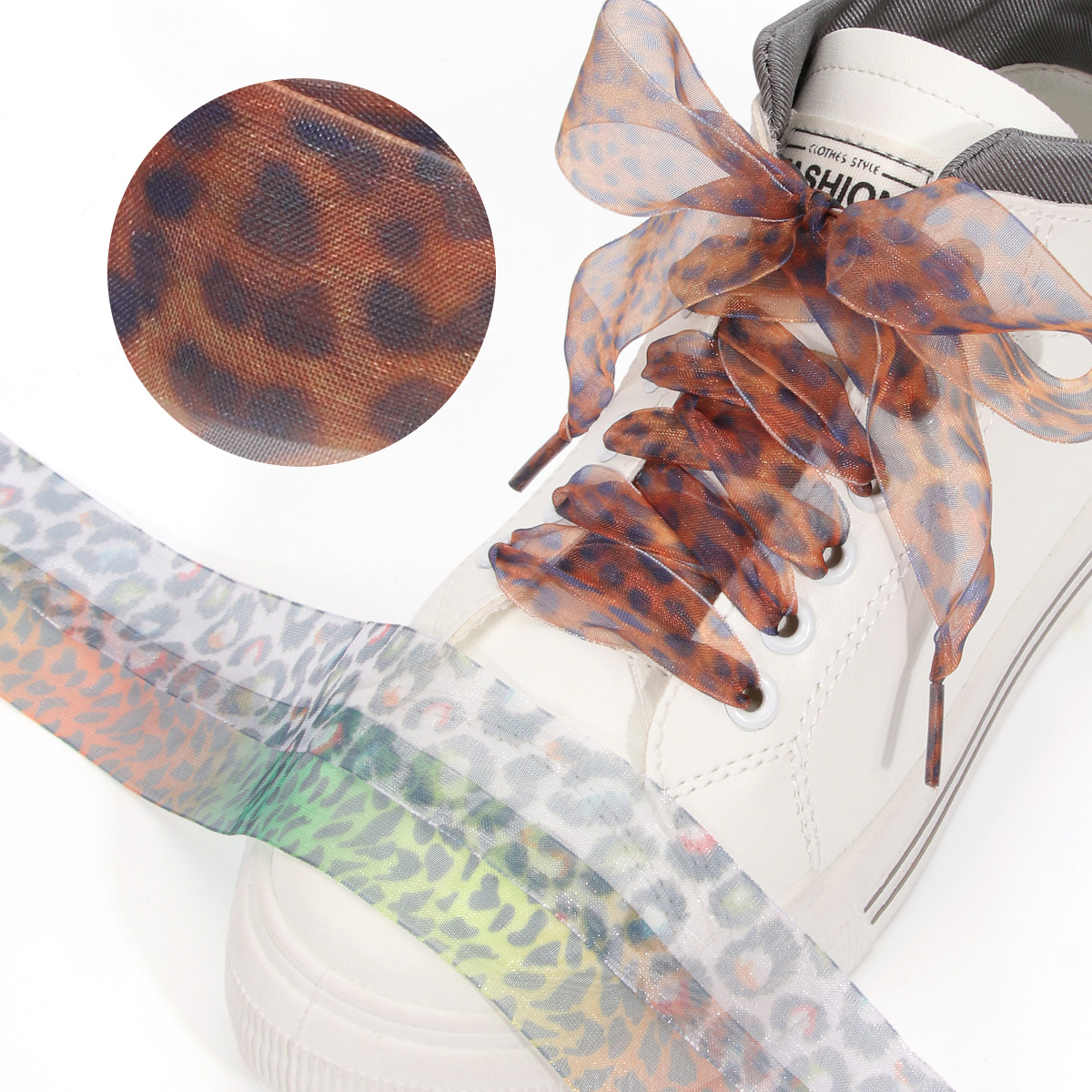2.5Cm Widened Snow Organza Shoelaces, Leopard Pattern Silk Lace Shoelaces, Flat Wide Leopard Print Snow Organza Shoelaces
