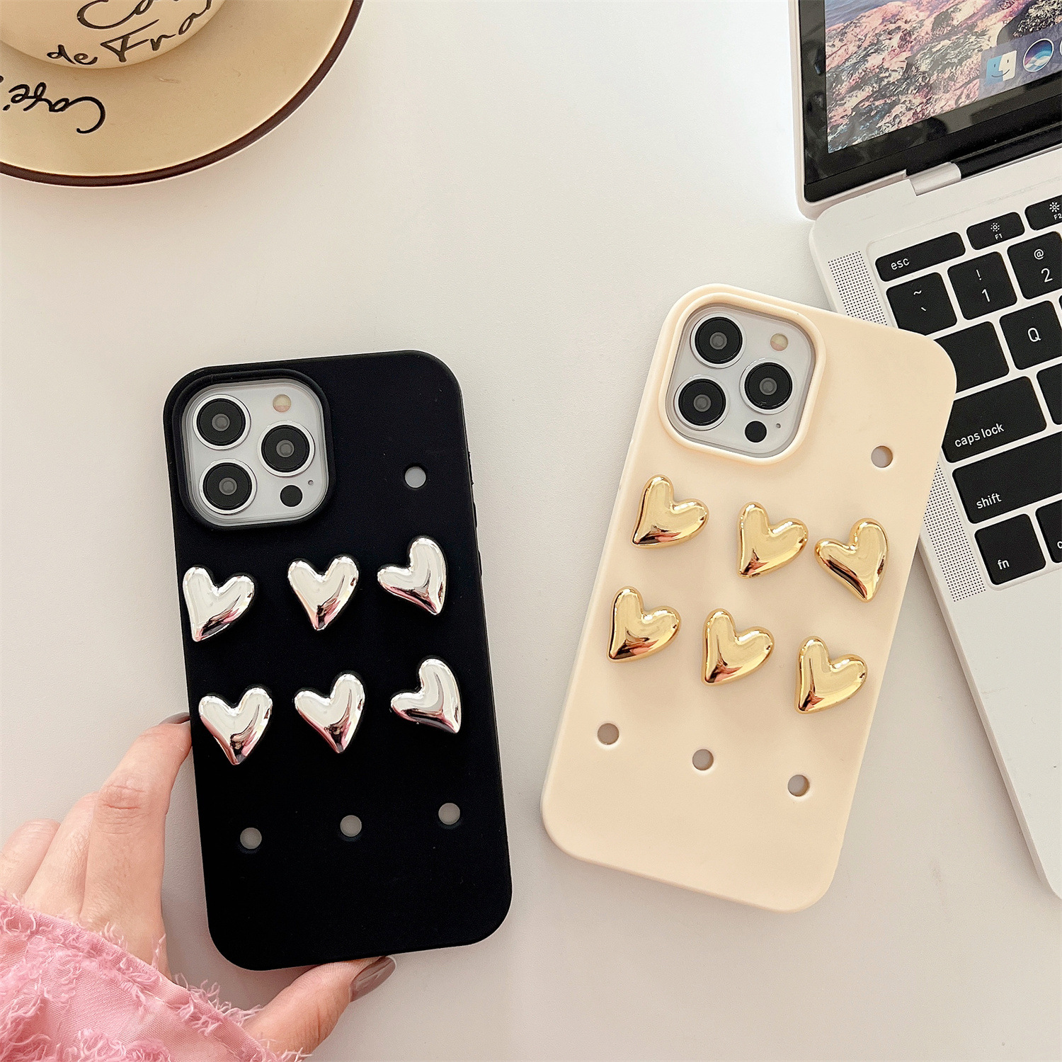 Charmed Phone Cases With Creative Chrome Heart Phone Charms – Fits iPhone12/13/14 Pro Max