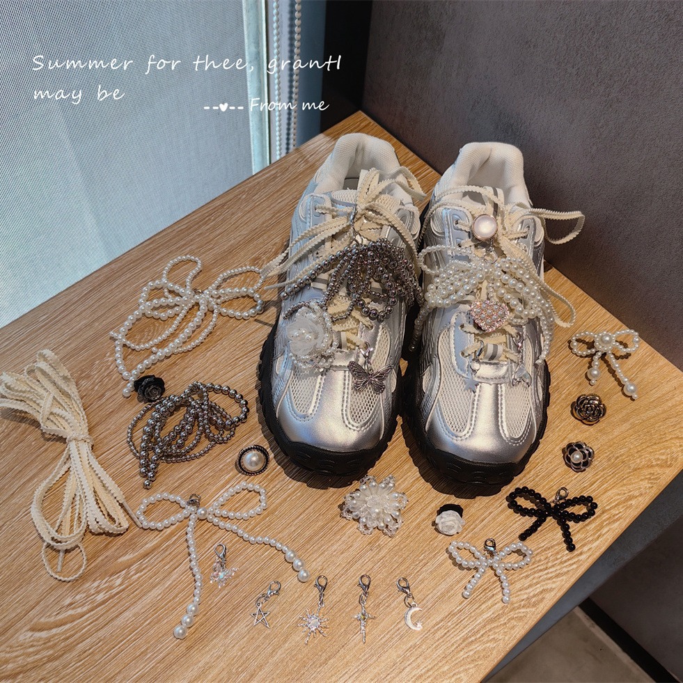 High-End Shoelace Decoration, Pearl Bow Shoelace Charms, Silver-Gray Beaded Shoe Buckle Shoelace