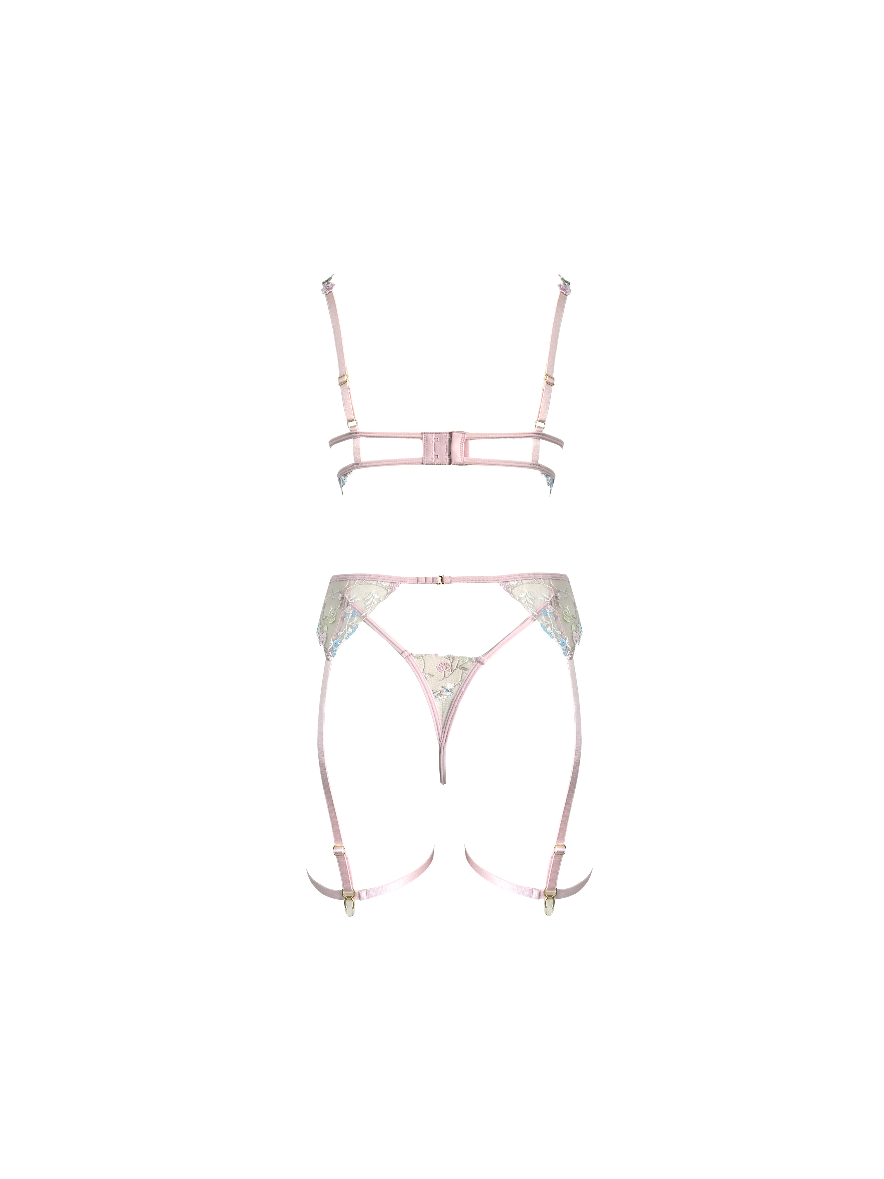 Free Tonight Sexy Floral Embroidery Mesh Sheer Underwire Bra Garter belt Thong and Leg Straps 4 Pieces Lingerie