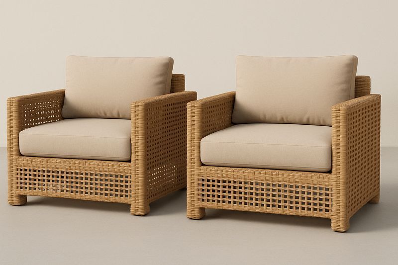 Conjunto de 2 sillas de exterior de poliratán cuadradas con cojines de poliéster beige 75x85x70 cm-Vitaaurorabelle