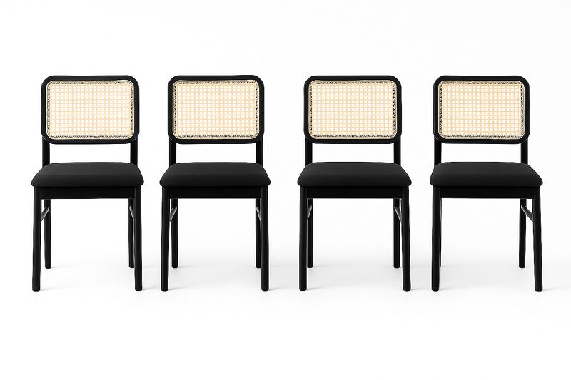 Juego de 4 sillas de comedor cuadradas negro ratán/madera/caucho 45x50x85cm-Vitaaurorabelle