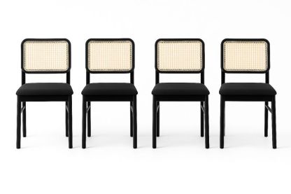 Juego de 4 sillas de comedor cuadradas negro ratán/madera/caucho 45x50x85cm-Vitaaurorabelle