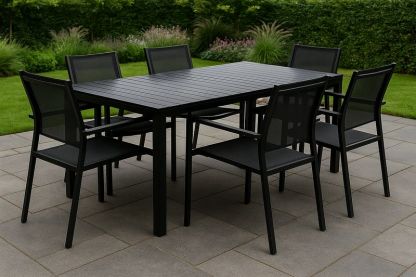 Conjunto de Comedor Exterior 7 Piezas Aluminio Negro Mesa 150x90x72 cm Sillas Rejilla-Vitaaurorabelle