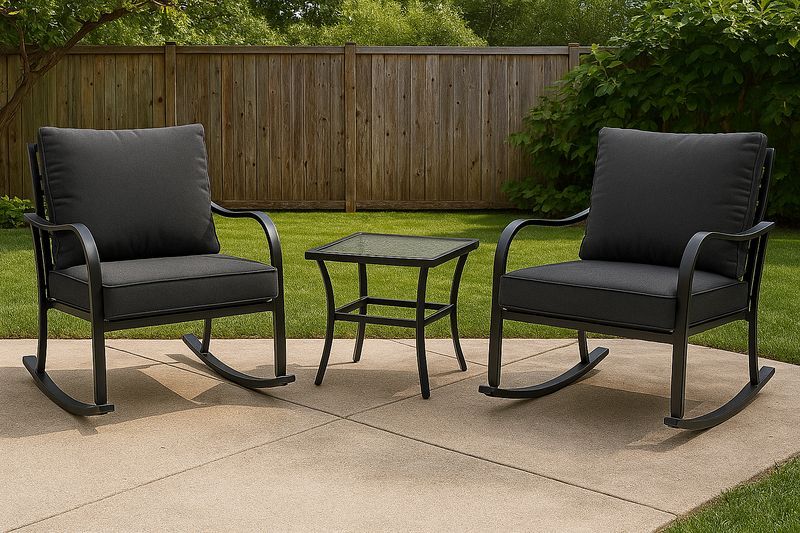 Juego de muebles de exterior 3 piezas con sillones mecedora de aluminio negro cojines poliéster mesa cuadrada vidrio templado 76x66x89 cm-Vitaaurorabelle