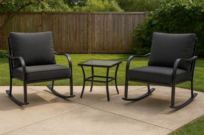 Juego de muebles de exterior 3 piezas con sillones mecedora de aluminio negro cojines poliéster mesa cuadrada vidrio templado 76x66x89 cm-Vitaaurorabelle