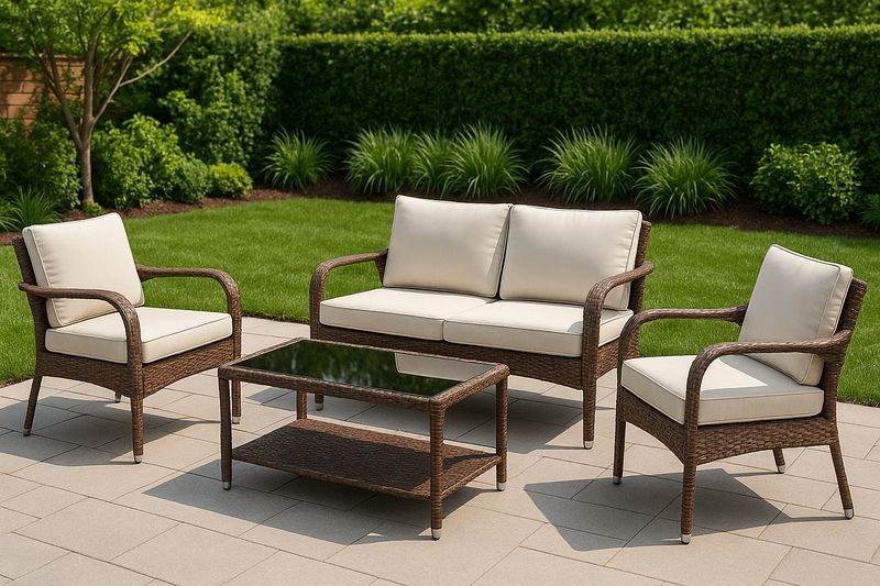 Conjunto de Muebles de Exterior 4 Piezas Ratán Sintético/Madera Vidrio Marrón/Beige Sillas Sofá 2 Plazas Mesa-Vitaaurorabelle