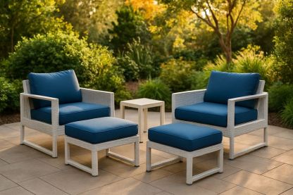 Juego de Muebles de Exterior 5 piezas Ratán Sintético Blanco Azul Cojines Poliéster Respaldo y Asiento-Vitaaurorabelle