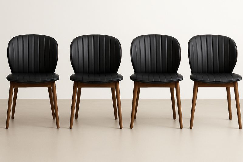 Conjunto de 4 sillas de comedor tapizadas en cuero sintético negro patas de madera de nogal-Vitaaurorabelle