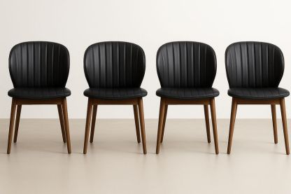 Conjunto de 4 sillas de comedor tapizadas en cuero sintético negro patas de madera de nogal-Vitaaurorabelle