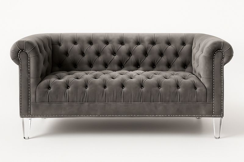 Sofá de terciopelo chesterfield con patas acrílicas gris 180x90x75 cm-Vitaaurorabelle