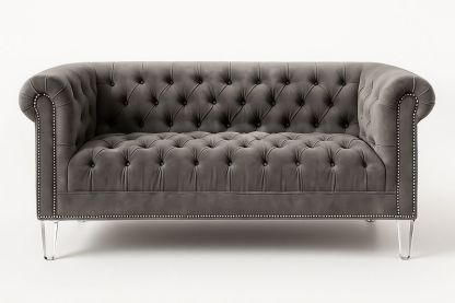 Sofá de terciopelo chesterfield con patas acrílicas gris 180x90x75 cm-Vitaaurorabelle