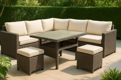 Juego de muebles de exterior 6 piezas ratán sintético cojines crema mesa cristal-Vitaaurorabelle