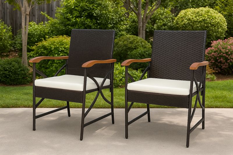 Conjunto de 2 Sillas de Jardín Aluminio/Ratán Sintético Negro/Madera con Cojín Blanco-Vitaaurorabelle